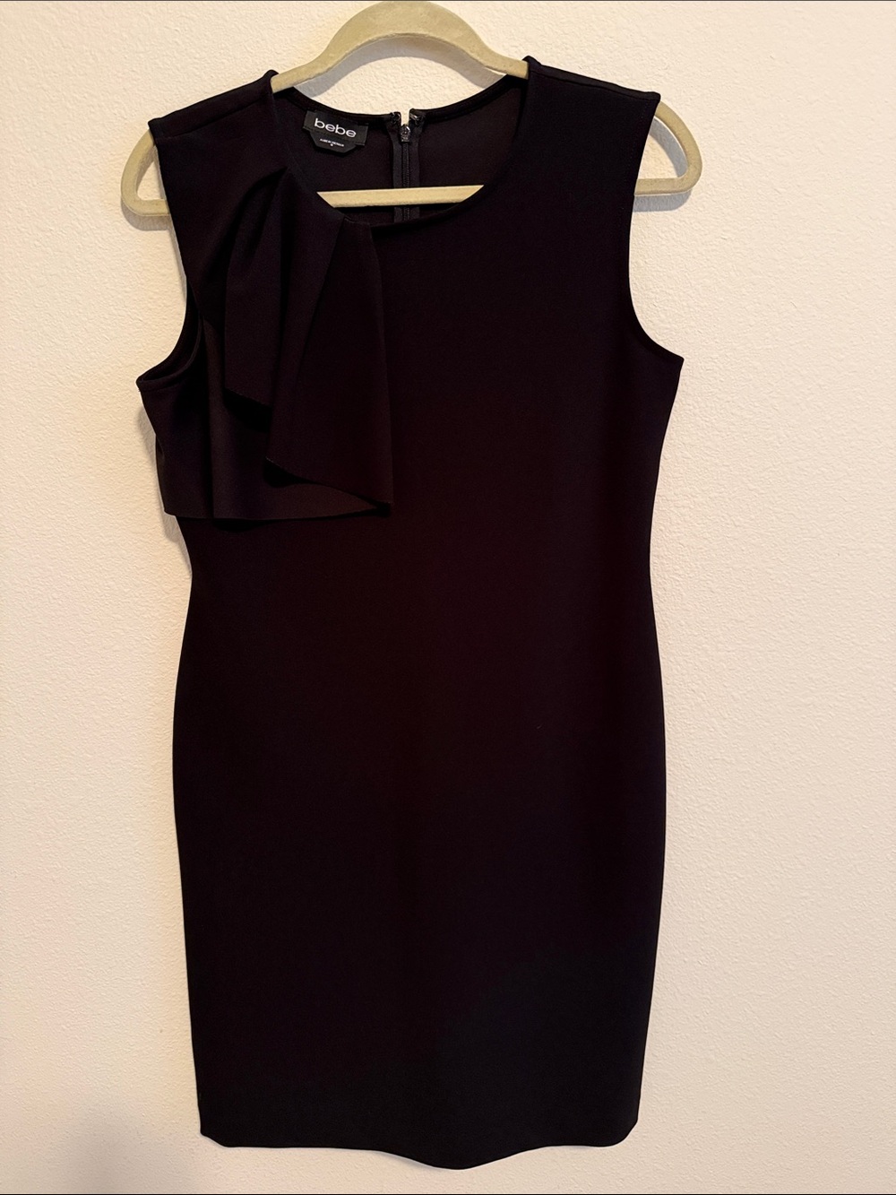 bebe Black Sleeveless Sheath Dress with Shoulder Ruffle
